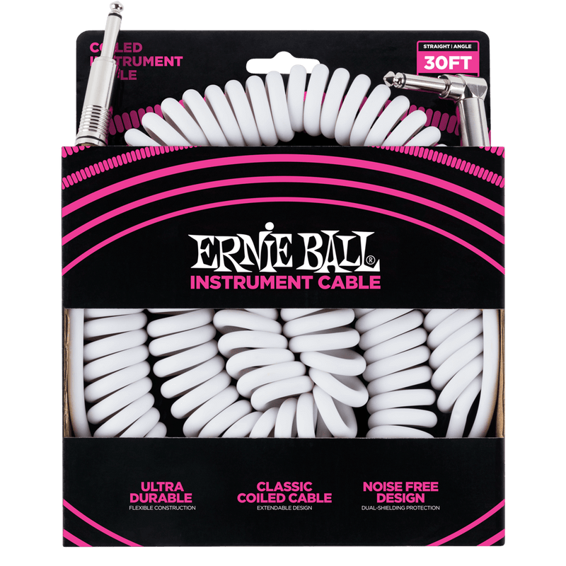 Ernie Ball Coiled Straight Angle Instrument Cable, 9 Meters Length, White