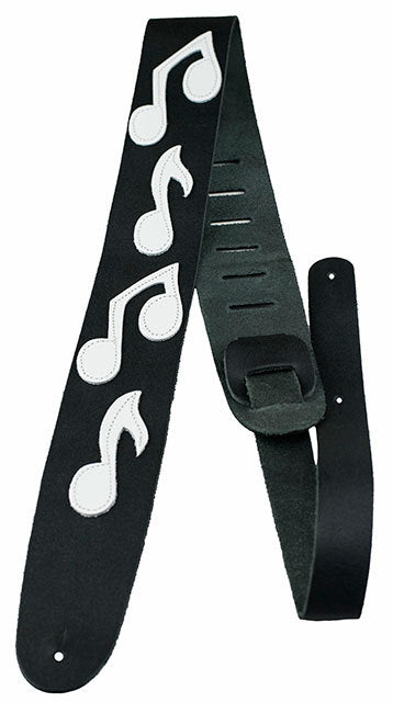 Perris 2.5" Black Leather Guitar Strap with White Musical Notes