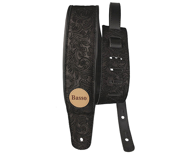 Basso Guitar Strap - Floral Embossed Black Leather VTSL52