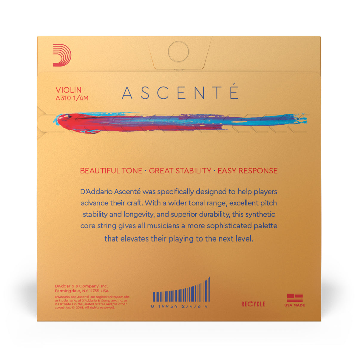 D'Addario Ascenté Violin String Set, 1/4 Scale, Medium Tension