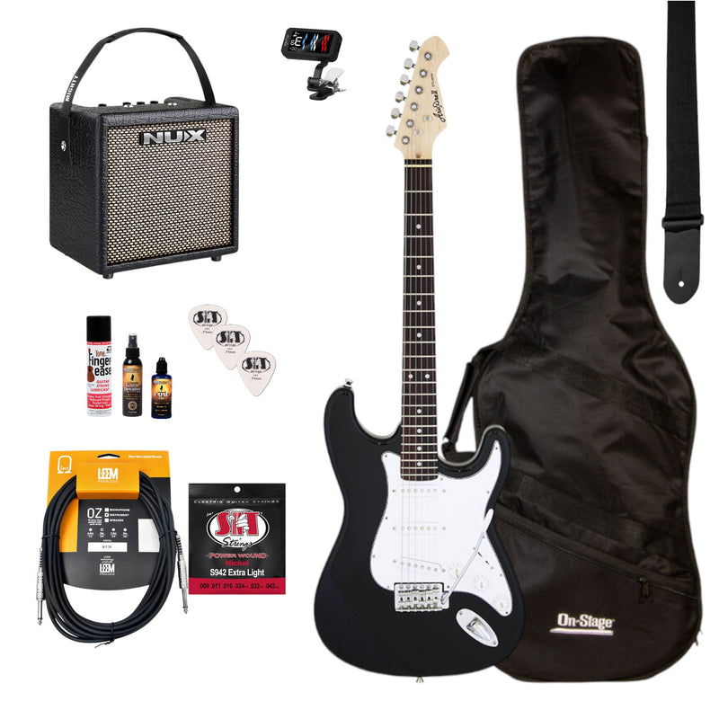 Aria/NU-X Deluxe Electric Guitar Pack in Black w/Nu-X Mighty8 Portable Guitar Amp