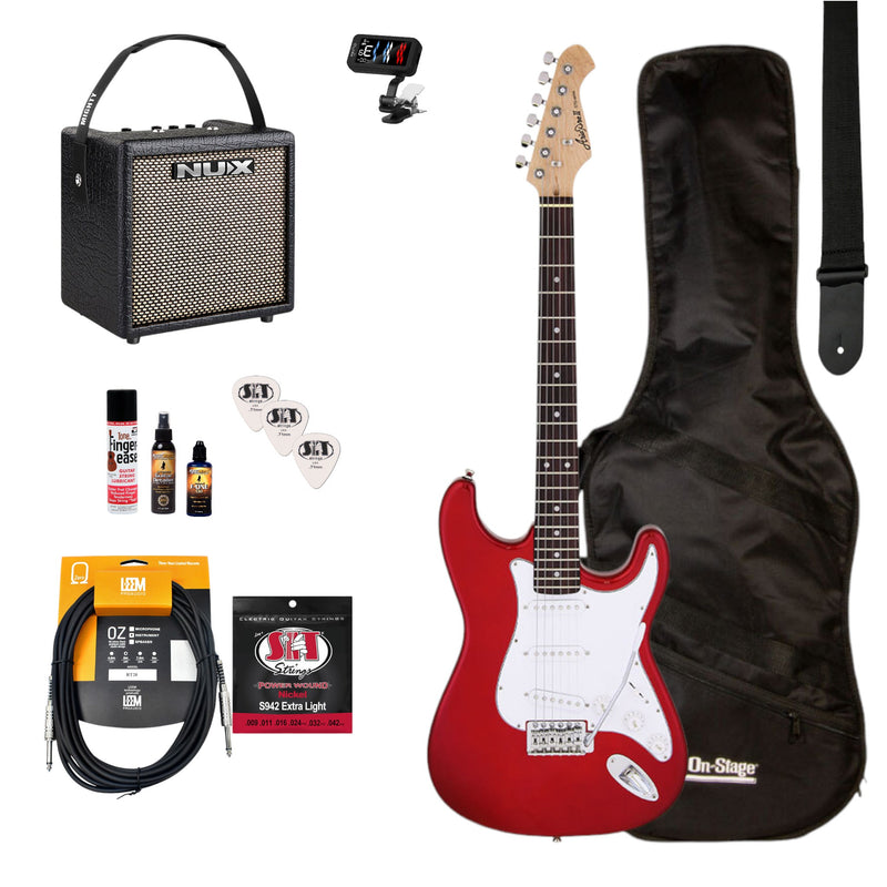 Aria/NU-X Deluxe Electric Guitar Pack in Candy Apple Red w/Nu-X Mighty8 Portable Guitar Amp