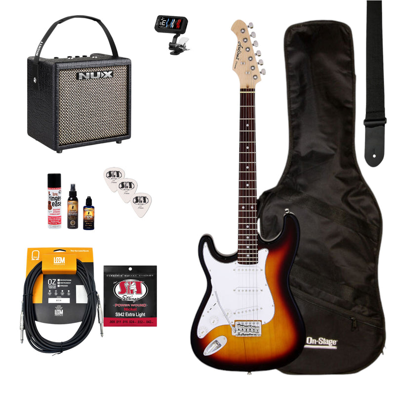 Aria/NU-X Deluxe Left Handed Electric Guitar Pack in 3-Tone Sunburst w/Nu-X Mighty8 Portable Guitar Amp