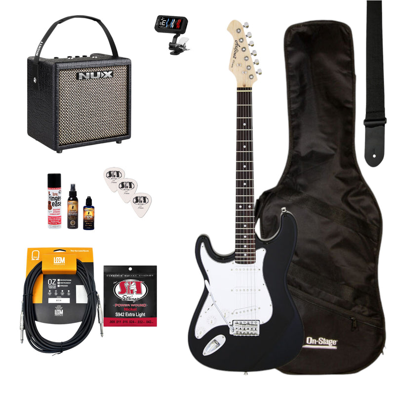 Aria/NU-X Deluxe Left Handed Electric Guitar Pack in Black w/Nu-X Mighty8 Portable Guitar Amp