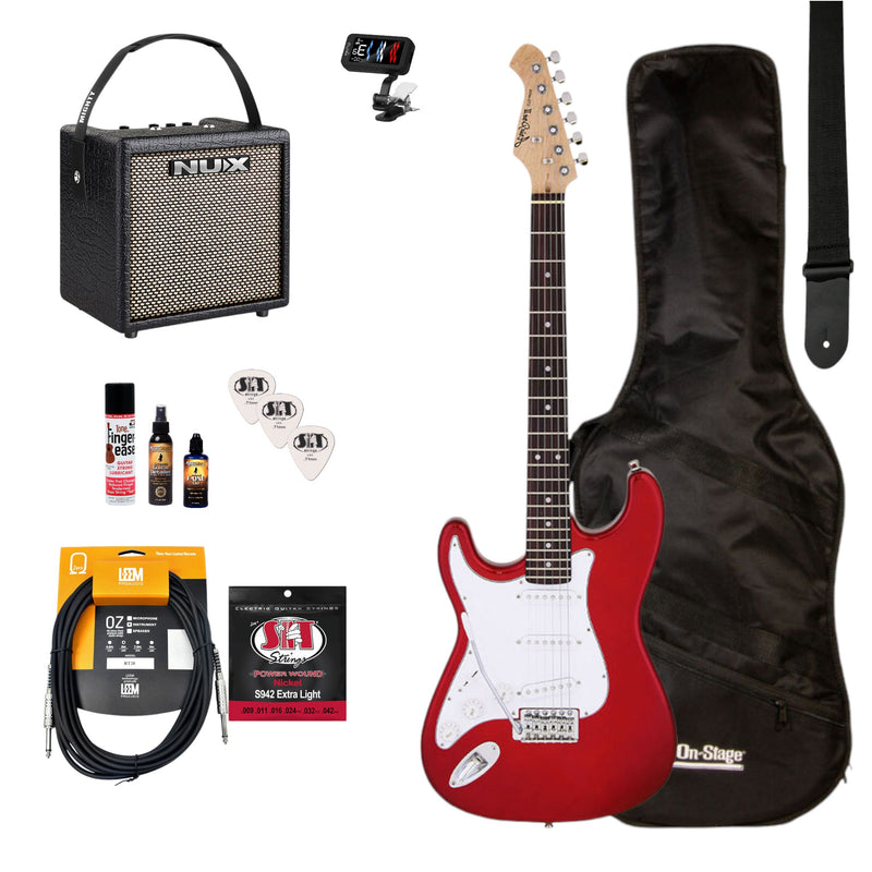 Aria/NU-X Deluxe Left Handed Electric Guitar Pack in Candy Apple Red w/Nu-X Mighty8 Portable Guitar Amp