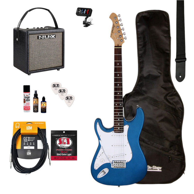 Aria/NU-X Deluxe Left Handed Electric Guitar Pack in Metallic Blue w/Nu-X Mighty8 Portable Guitar Amp