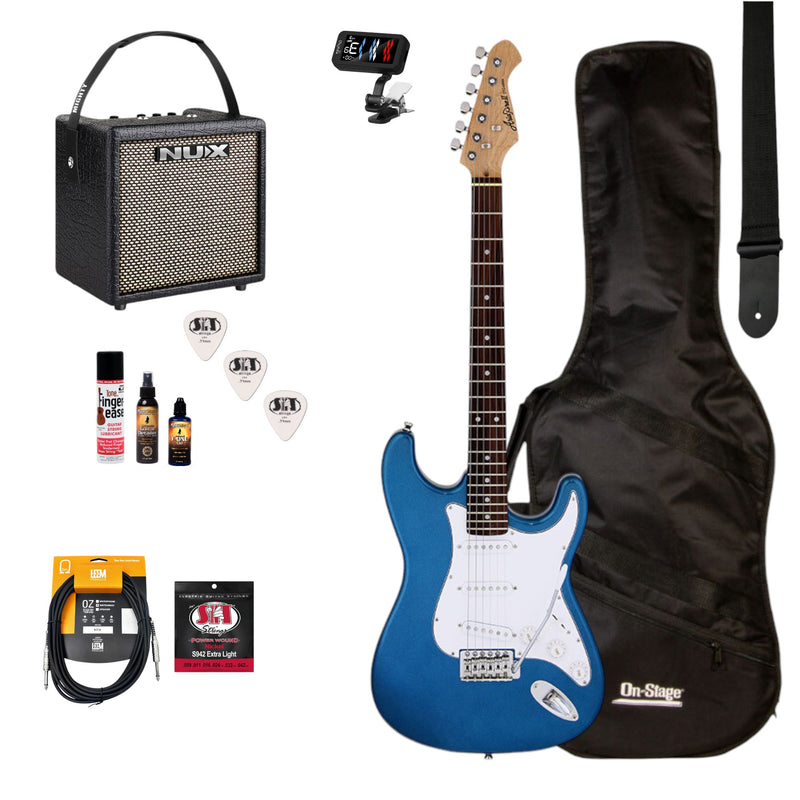 Aria/NU-X Deluxe Electric Guitar Pack in Metallic Blue w/Nu-X Mighty8 Portable Guitar Amp