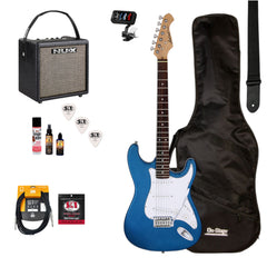 Aria/NU-X Deluxe Electric Guitar Pack in Metallic Blue w/Nu-X Mighty8 Portable Guitar Amp