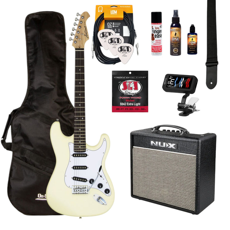 Aria/NU-X Deluxe Electric Guitar Pack in Vintage White with White Pickguard w/Nu-X Mighty 20mkII Guitar Amp