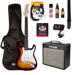 Aria/NU-X Deluxe Electric Guitar Pack in 3-Tone Sunburst with White Pickguard w/Nu-X Mighty 20mkII Guitar Amp