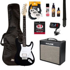 Aria/NU-X Deluxe Electric Guitar Pack in Black with White Pickguard w/Nu-X Mighty 20mkII Guitar Amp