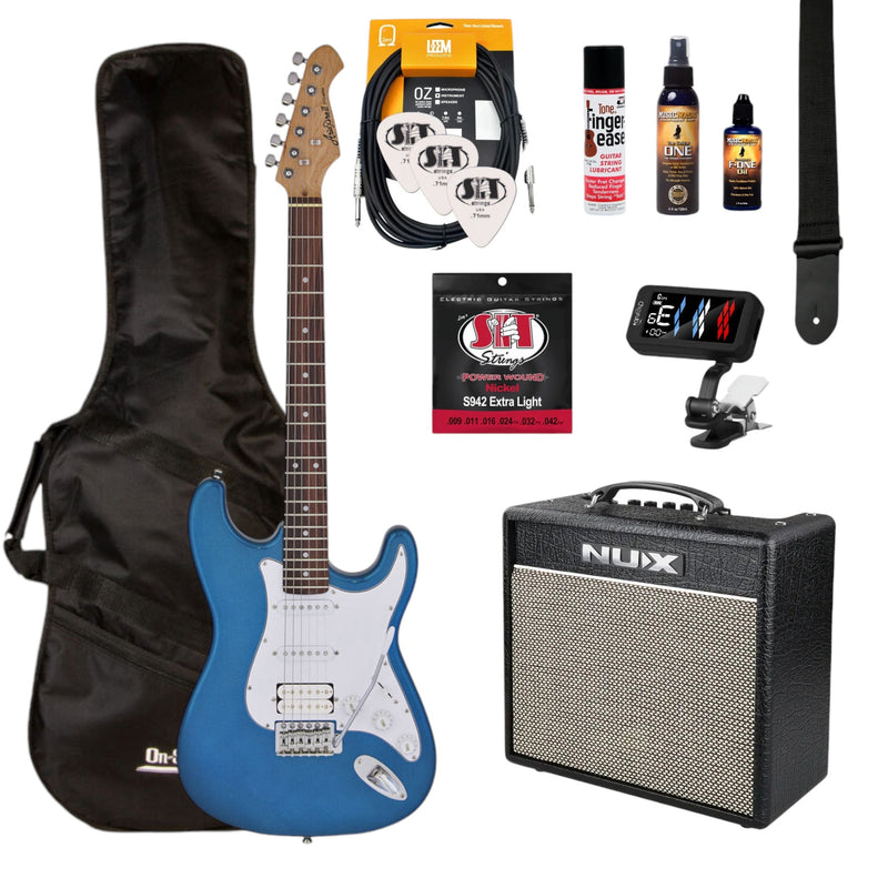 Aria/NU-X Deluxe Electric Guitar Pack in Metallic Blue with White Pickguard w/Nu-X Mighty 20mkII Guitar Amp