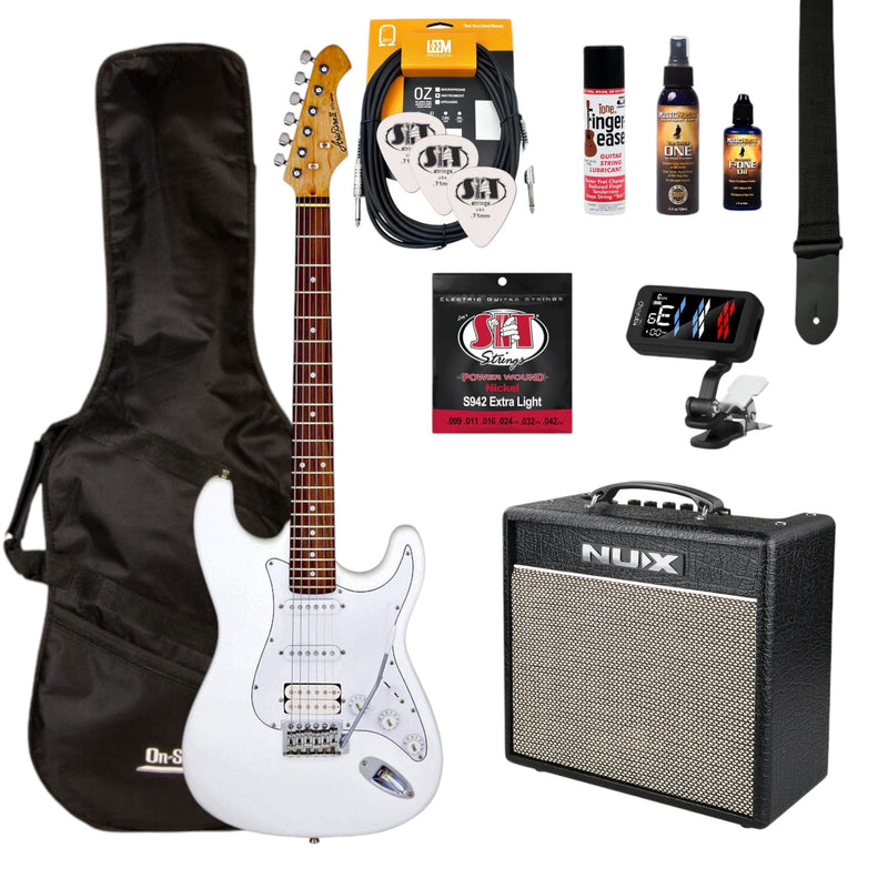 Aria/NU-X Deluxe Electric Guitar Pack in White with White Pickguard w/Nu-X Mighty 20mkII Guitar Amp