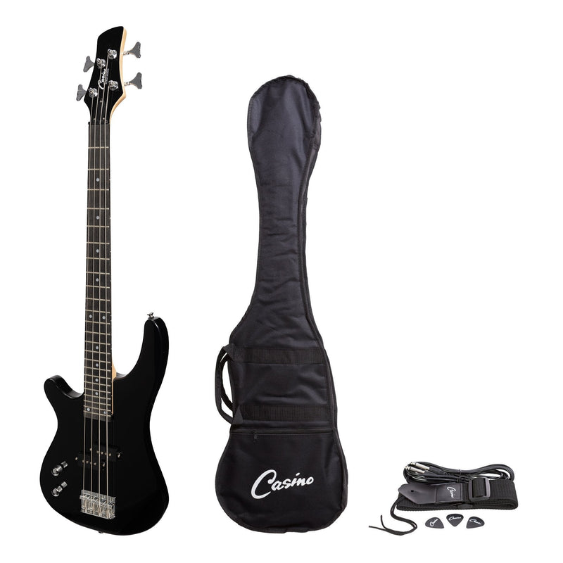 Casino '24 Series' Left Handed Short Scale Tune-Style Electric Bass Guitar Set (Black)