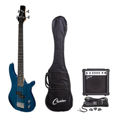 Casino '24 Series' Short Scale Tune-Style Electric Bass Guitar and 15 Watt Amplifier Pack (Transparent Blue)