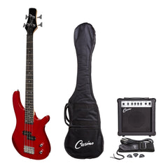 Casino '24 Series' Short Scale Tune-Style Electric Bass Guitar and 15 Watt Amplifier Pack (Transparent Wine Red)