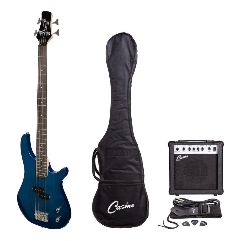 Casino '24 Series' Tune-Style Electric Bass Guitar and 15 Watt Amplifier Pack (Transparent Blue)