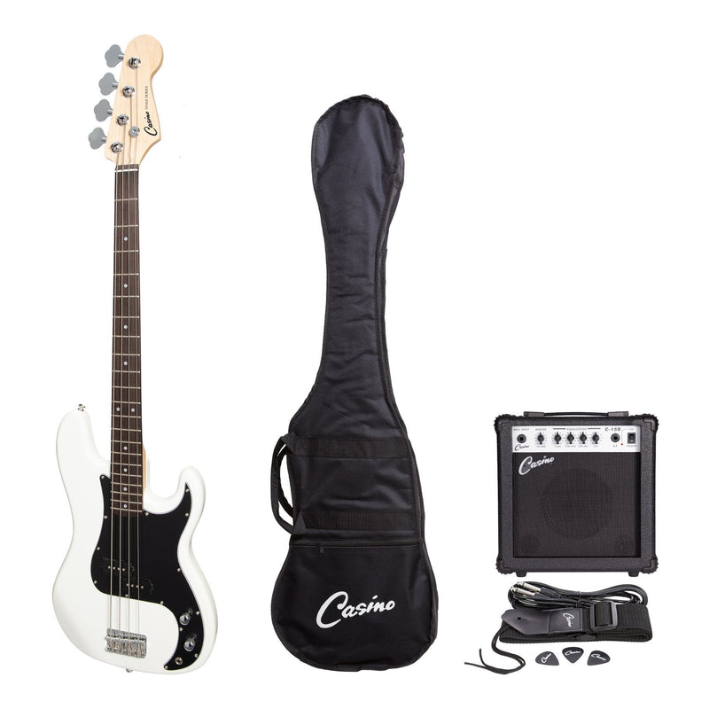 Casino P-Style Electric Bass Guitar and 15 Watt Amplifier Pack (White)