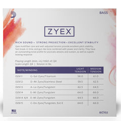 D'Addario Zyex Bass String Set, 3/4 Scale, Medium Tension