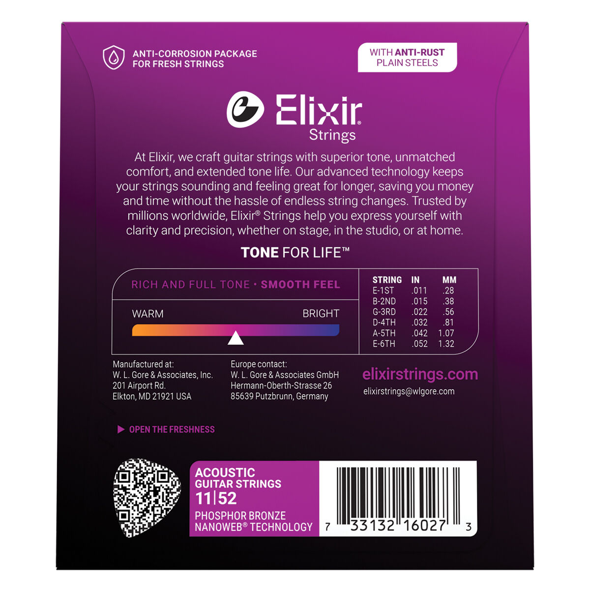 Elixir 16027 Nanoweb Phosphor Bronze Custom Light 11-52
