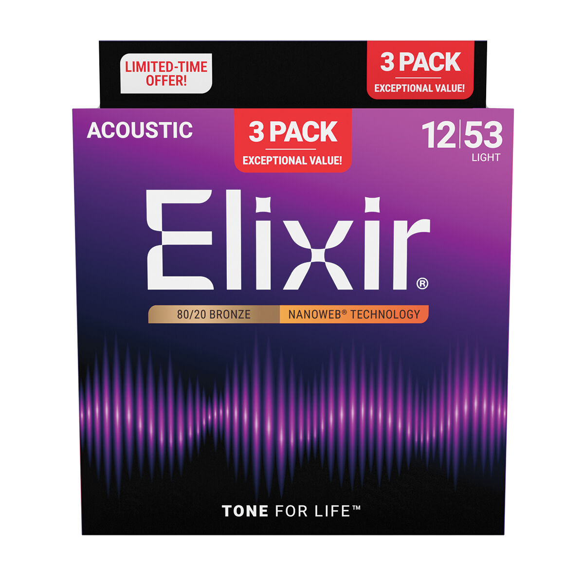 Elixir Nanoweb 80/20 12-53 Light 3-Pack [E16565]