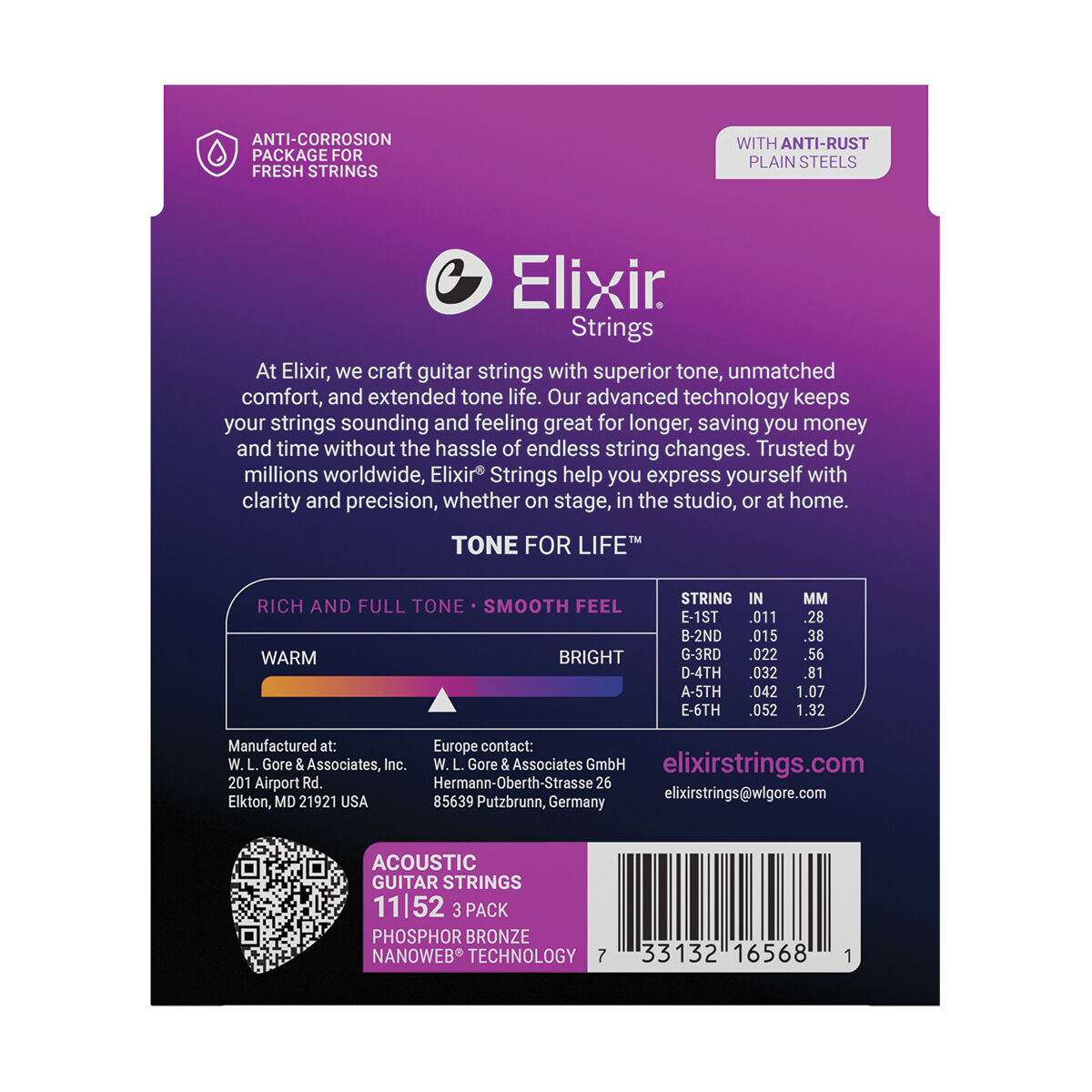 Elixir Nanoweb Phosphor Bronze 11-52 Custom Light 3-Pack [E16568]