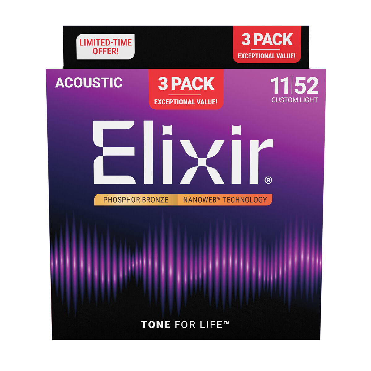 Elixir Nanoweb Phosphor Bronze 11-52 Custom Light 3-Pack [E16568]