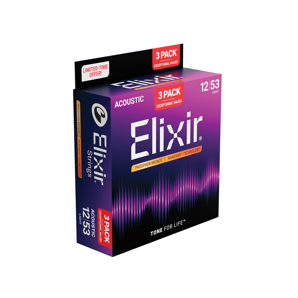 Elixir Nanoweb Phosphor Bronze 12-53 Light 3-Pack [E16569]