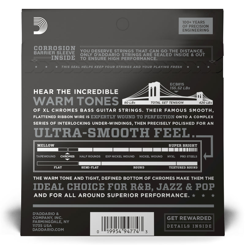 D'Addario ECB81S Chromes Bass Guitar Strings, Light, 45-100, Short Scale