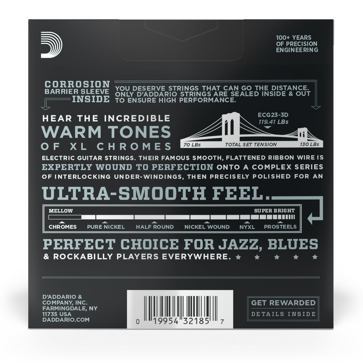 D'Addario ECG23 Chromes Flat Wound Electric Guitar Strings, Extra Light, 10-48, 3 Sets