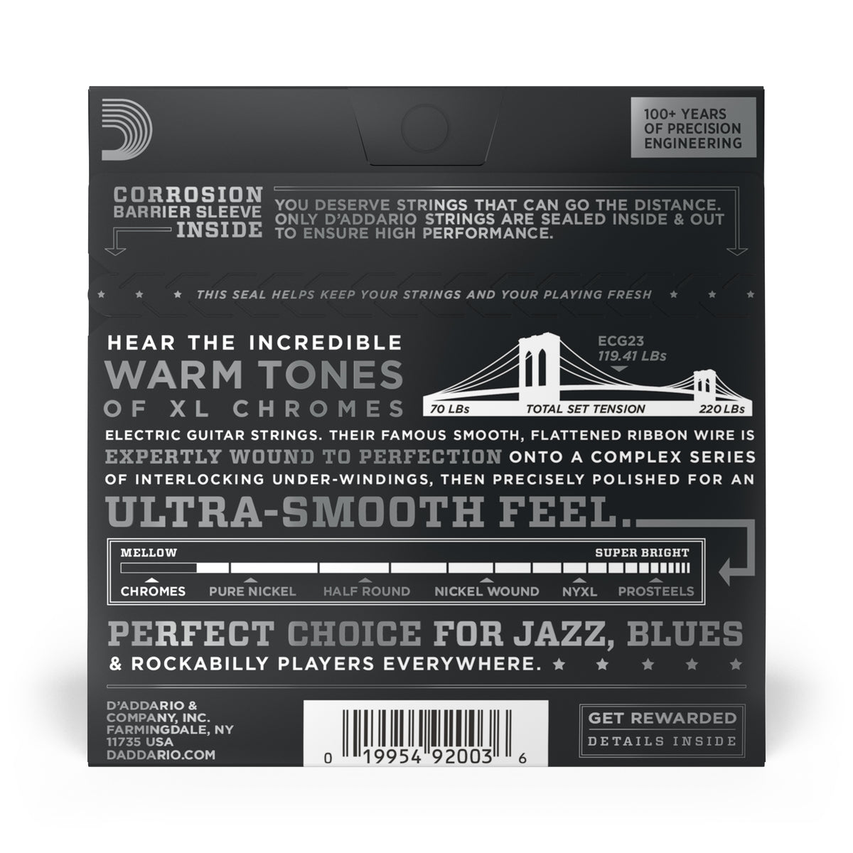 D'Addario ECG23 Chromes Flat Wound Electric Guitar Strings, Extra Light, 10-48