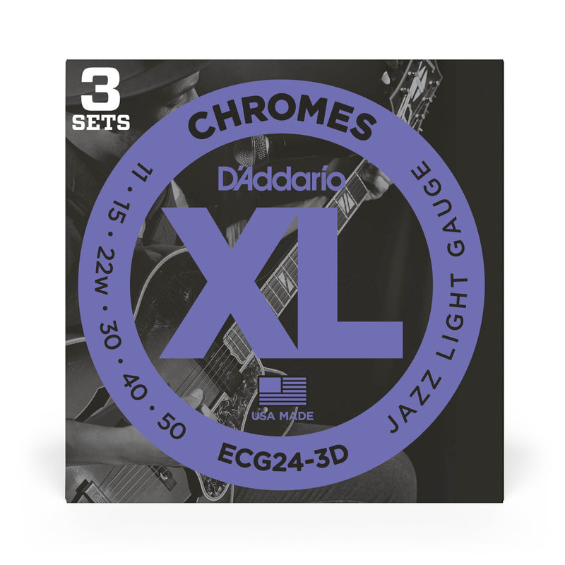 D'Addario ECG24-3D Chromes Flat Wound Electric Guitar Strings, Jazz Light, 11-50, 3 Sets