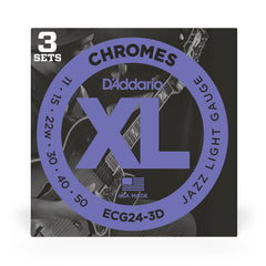 D'Addario ECG24-3D Chromes Flat Wound Electric Guitar Strings, Jazz Light, 11-50, 3 Sets