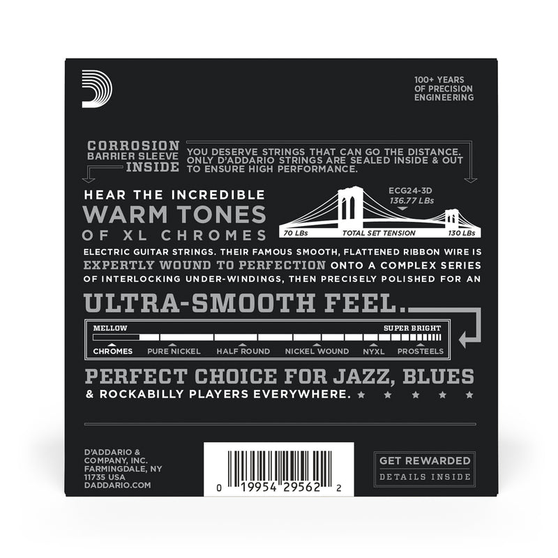 D'Addario ECG24-3D Chromes Flat Wound Electric Guitar Strings, Jazz Light, 11-50, 3 Sets