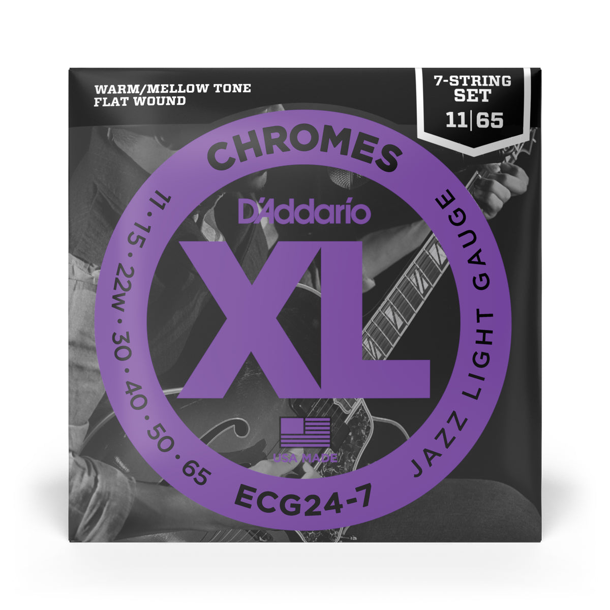 D'Addario ECG24-7 Chromes Flat Wound 7-String Electric Guitar Strings, Jazz Light, 11-65