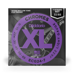 D'Addario ECG24-7 Chromes Flat Wound 7-String Electric Guitar Strings, Jazz Light, 11-65