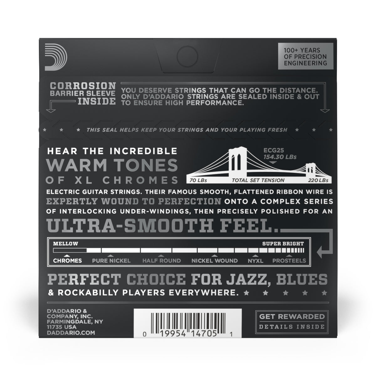 D'Addario ECG25 Chromes Flat Wound Electric Guitar Strings, Light, 12-52
