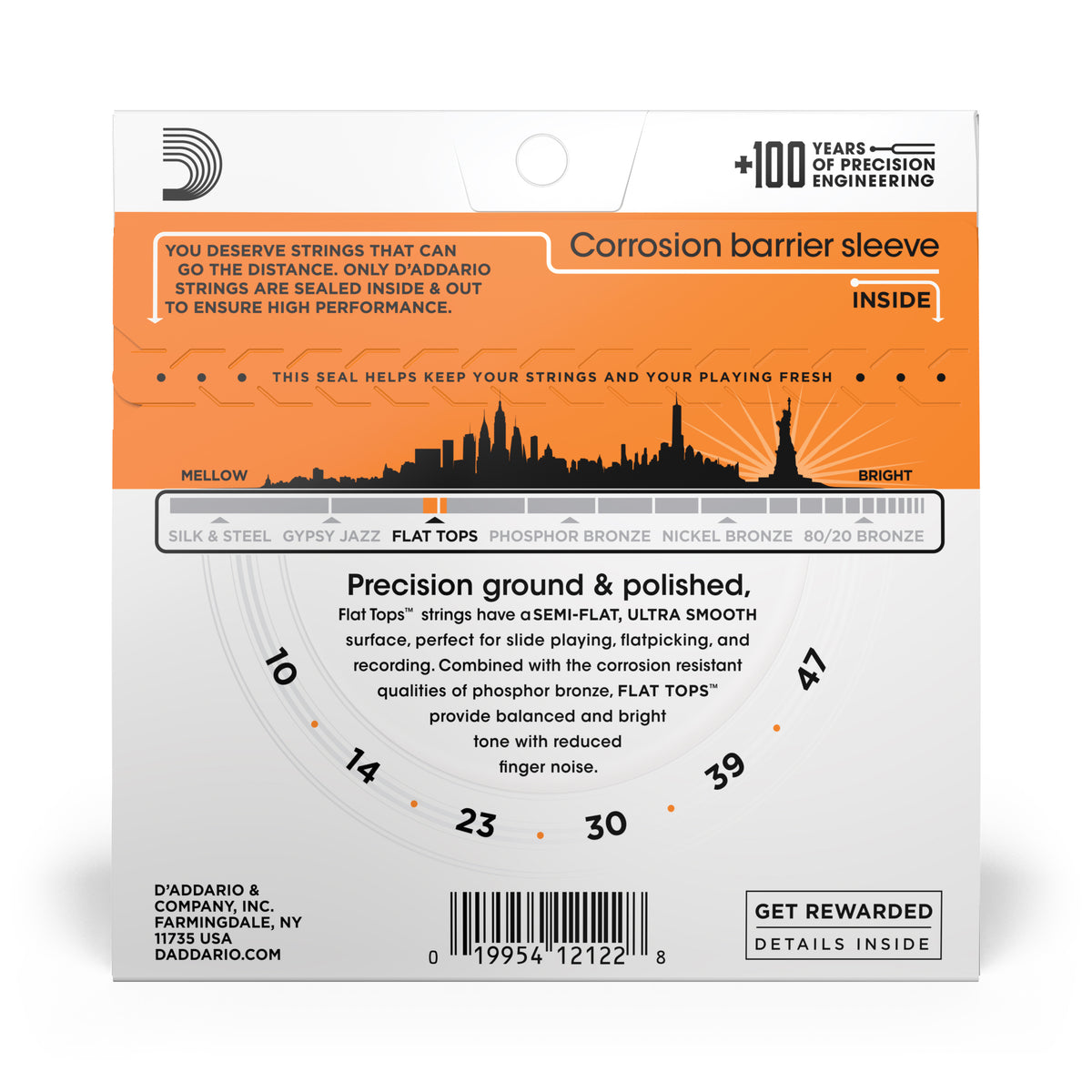 D'Addario EFT15 Flat Tops Phosphor Bronze Acoustic Guitar Strings, Extra Light, 10-47