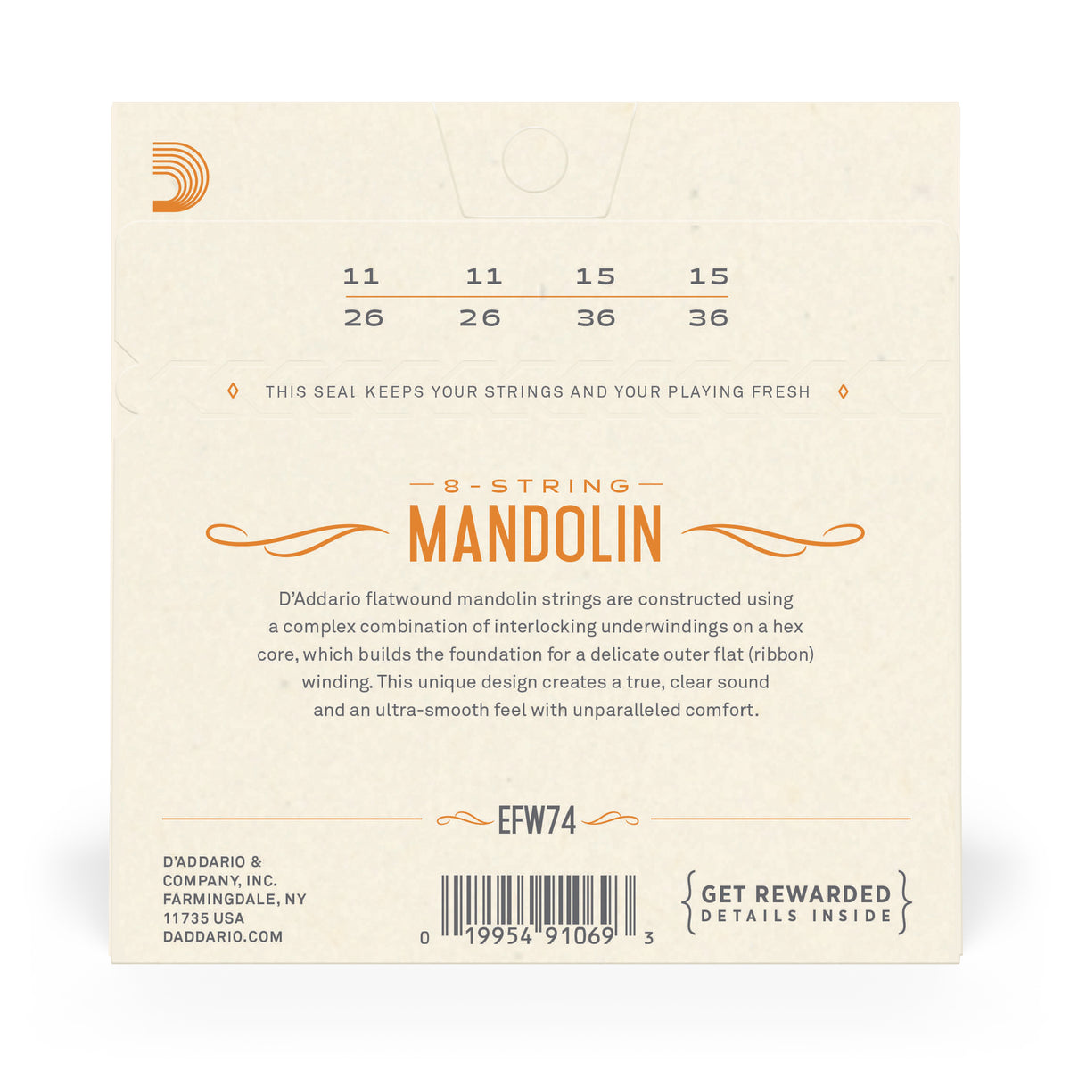 D'Addario EFW74 Flatwound Mandolin Strings, Stainless Steel, Medium, 11-36