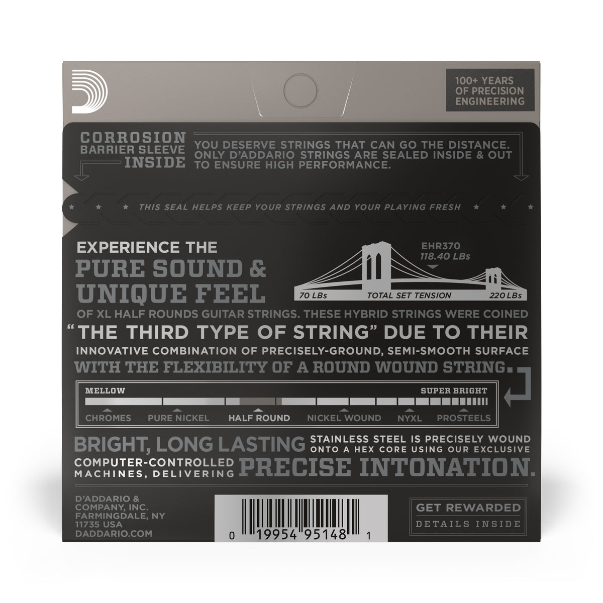 D'Addario EHR370 Half Round Electric Guitar Strings, Medium, 11-49