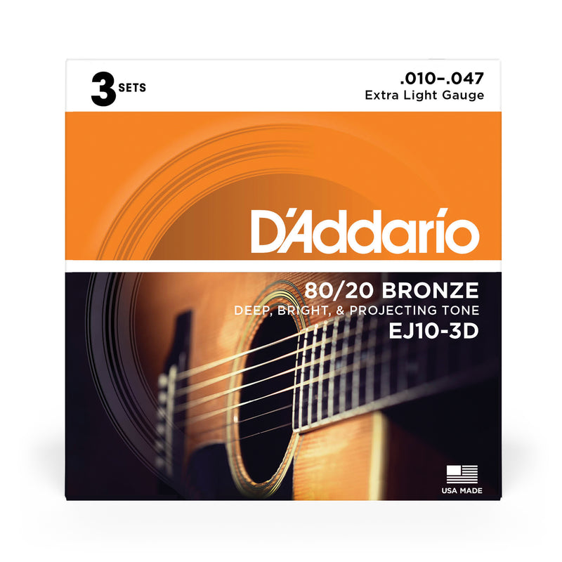 D'Addario EJ10-3D Bronze Acoustic Guitar Strings, Extra Light, 10-47, 3 Sets