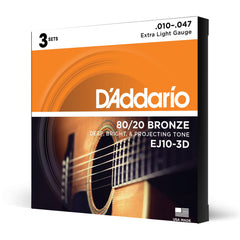 D'Addario EJ10-3D Bronze Acoustic Guitar Strings, Extra Light, 10-47, 3 Sets