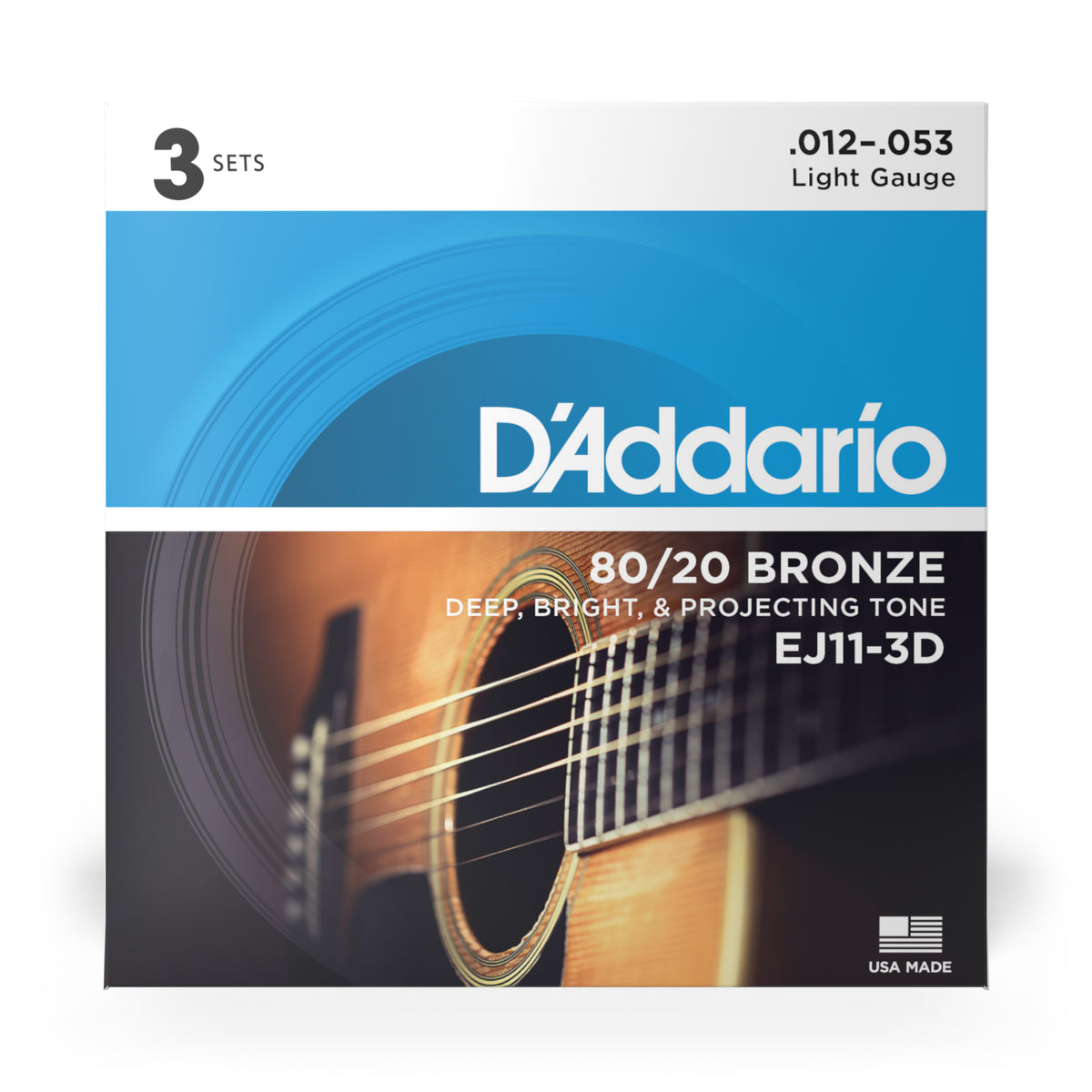 D'Addario EJ11-3D 80/20 Bronze Acoustic Guitar Strings, Light, 12-53, 3 Sets