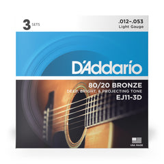 D'Addario EJ11-3D 80/20 Bronze Acoustic Guitar Strings, Light, 12-53, 3 Sets