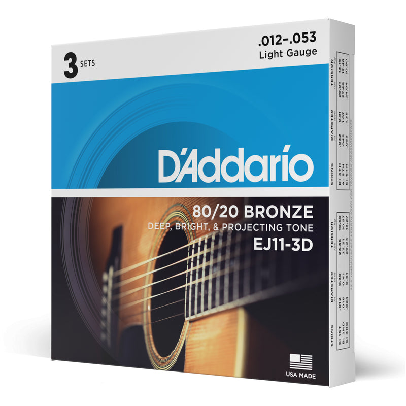 D'Addario EJ11-3D 80/20 Bronze Acoustic Guitar Strings, Light, 12-53, 3 Sets