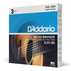 D'Addario EJ11-3D 80/20 Bronze Acoustic Guitar Strings, Light, 12-53, 3 Sets