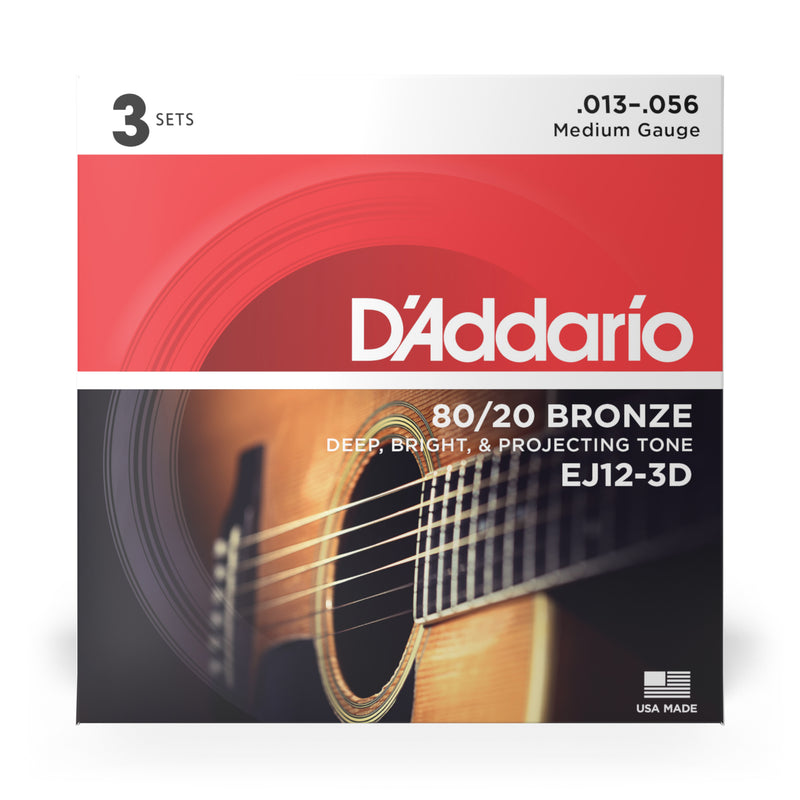 D'Addario EJ12-3D 80/12 Bronze Acoustic Guitar Strings, Medium, 13-56, 3 Sets