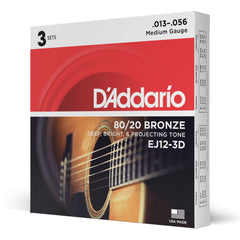 D'Addario EJ12-3D 80/12 Bronze Acoustic Guitar Strings, Medium, 13-56, 3 Sets