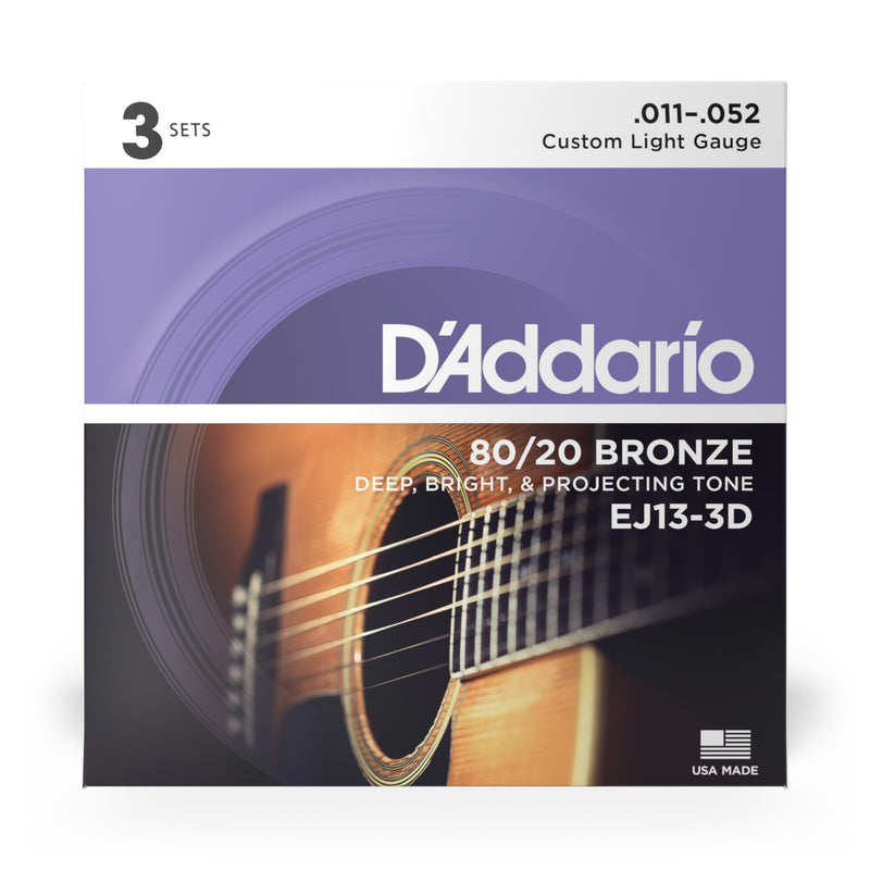 D'Addario EJ13-3D 80/20 Bronze Acoustic Guitar Strings, Custom Light, 11-52, 3 Sets