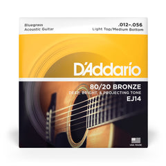 D'Addario EJ14 80/20 Bronze Acoustic Guitar Strings, Light Top/Medium Bottom/Bluegrass, 12-56